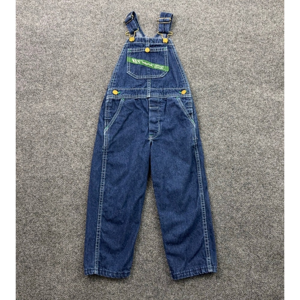 Key Imperial Overalls Kids Size 3 Dark Blue Denim Green Stitching Vtg Style USA